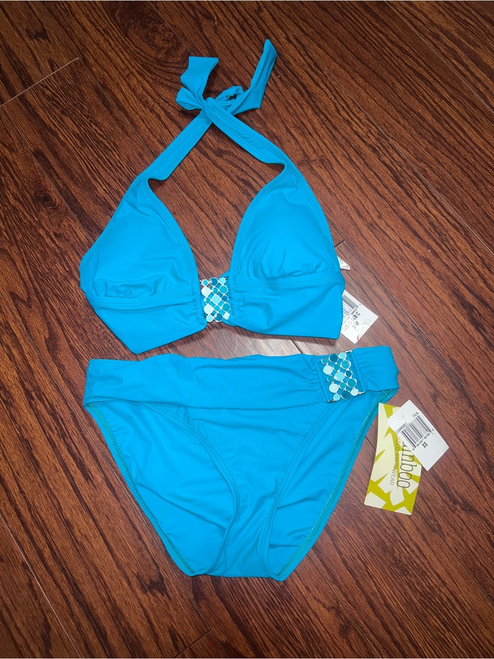 BAMBOO Bright Turquoise Halter Bikini Set with Silver Accents